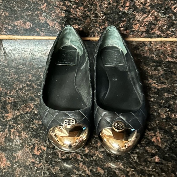 Tory Burch Black Quilted Leather Kaitlin Metal Cap Toe Ballet Flats Size 7 - Picture 2 of 9